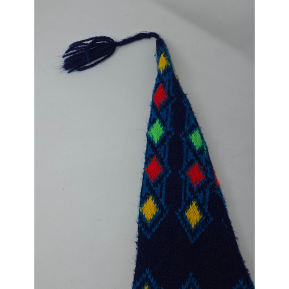 Vintage Jester Winter Stocking Cap Beanie Geometric Navy Yellow Red Green 22" L - Picture 9 of 9